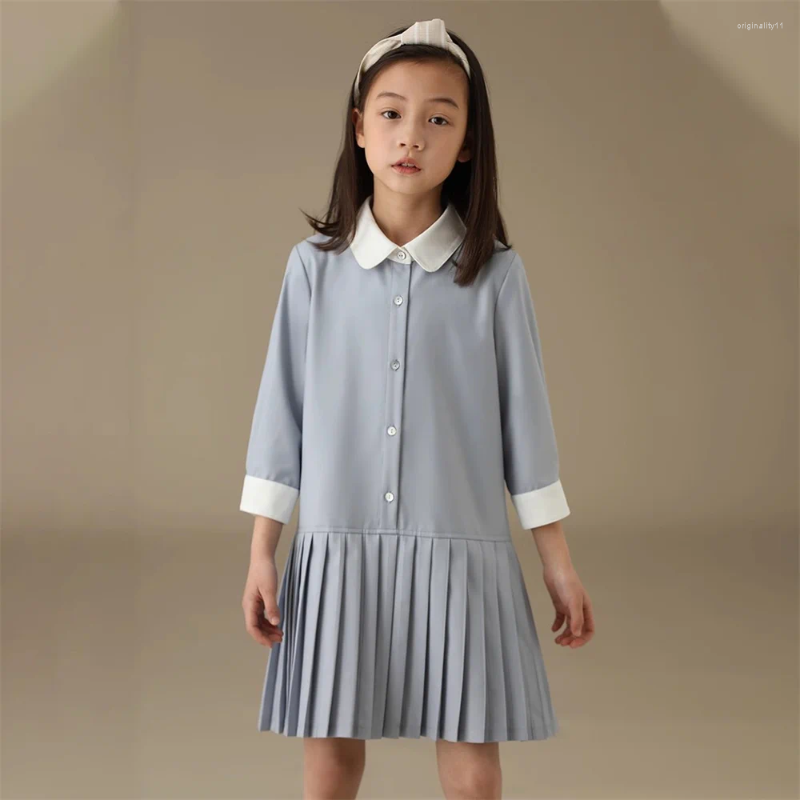 Girl Dresses Girls Mommy And Me Plain Dress School Style Lapel Long Sleeve Single-breasted Straight Pleated Skirt Casual A Line