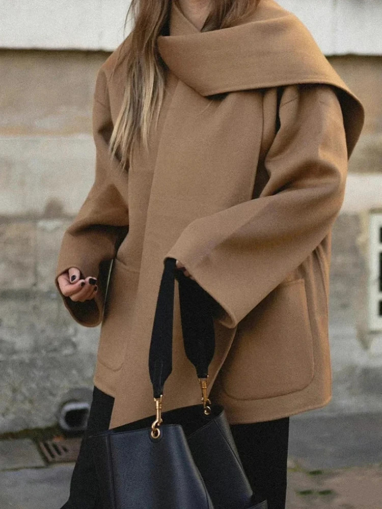 Women's Wool Blends autumn and winter wide-sleeved scarf collar camel loose coat women 231114