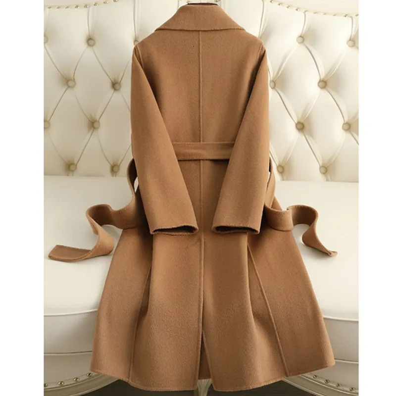Women's Wool Blends Woolen Coat 100% Wool Women Autumn Winter Fashion Cashmere Woolen Jacket Long Coat Streetwear Camel Black Outerwear Female 23