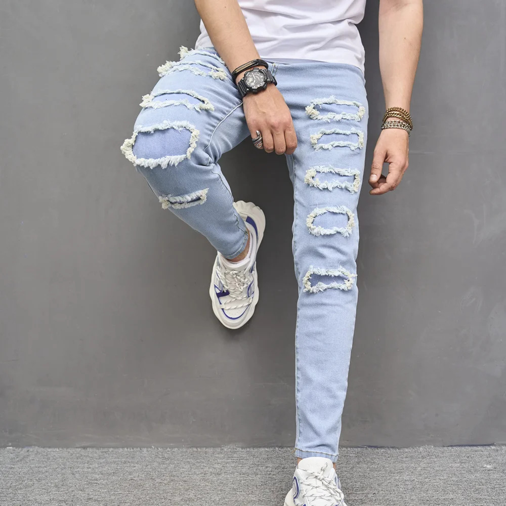 Men s Jeans Men Streetwear Stylish Ripped Patch Slim Pencil Trousers Male Casual Stretch Denim Pants 231113