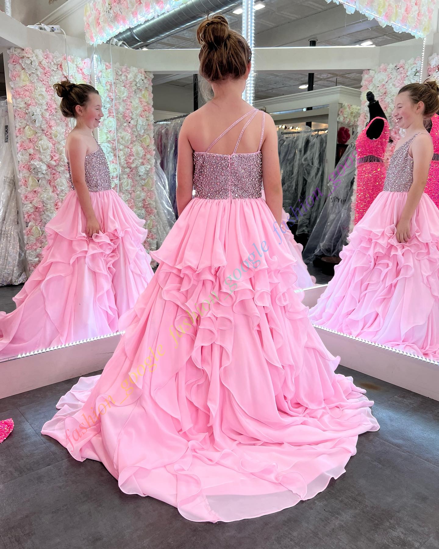 Blush-Pink Little Girl Pageant Dress One-Shoulder Beaded Ruffles Royal Baby Kid Fun Fashion Runway Drama Birthday Formal Cocktail Party Gown Toddler T