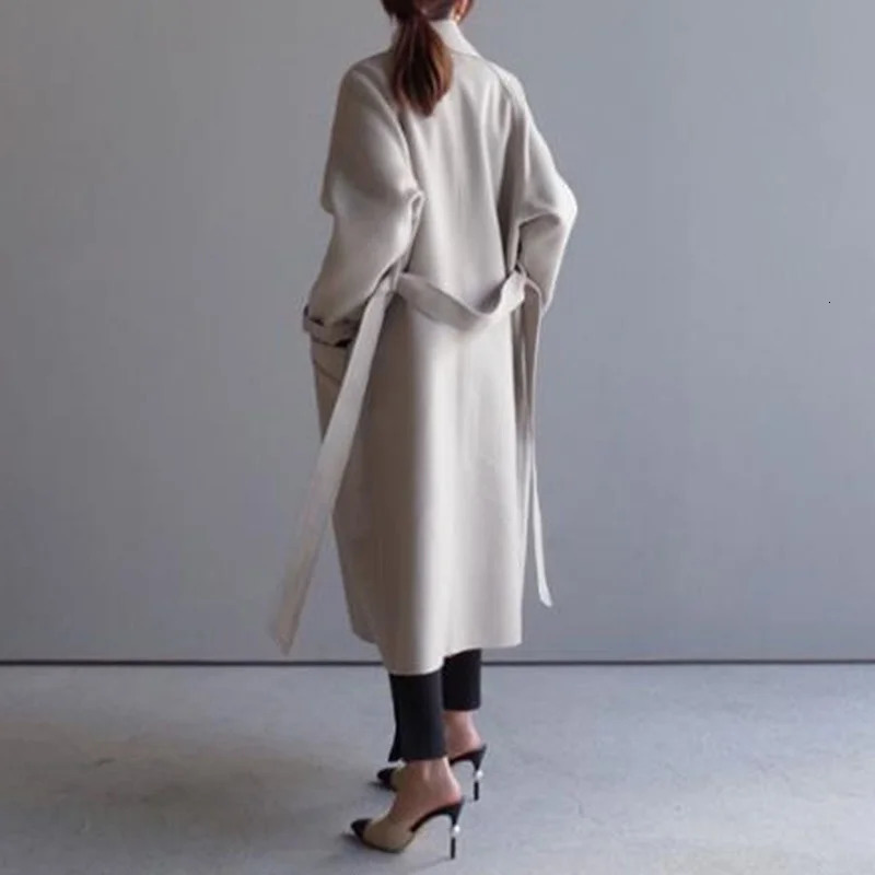 Women's Wool Blends Winter Women's Beige Elegant Wool Blended Solid Color Korean Long Coat Retro Fashion Black Simple Wool Camel Oversized C