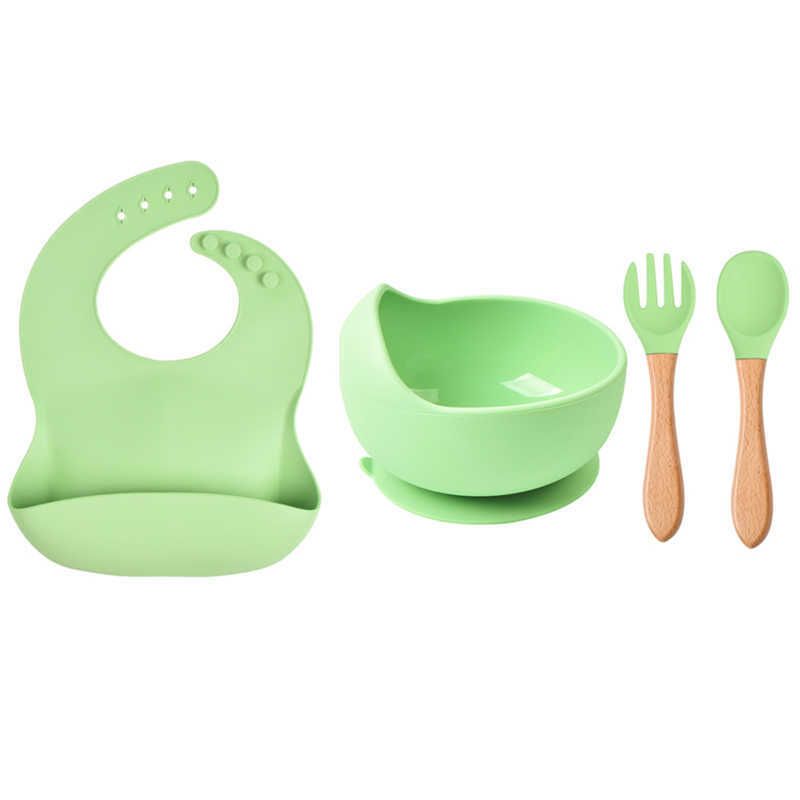 Cups Dishes Utensils 3/4 PCS Baby Silicone Feeding Bowl Wooden Handle Silicone Spoon Fork Bibs Sets Children's Tableware Suction Bowl Dishes For 