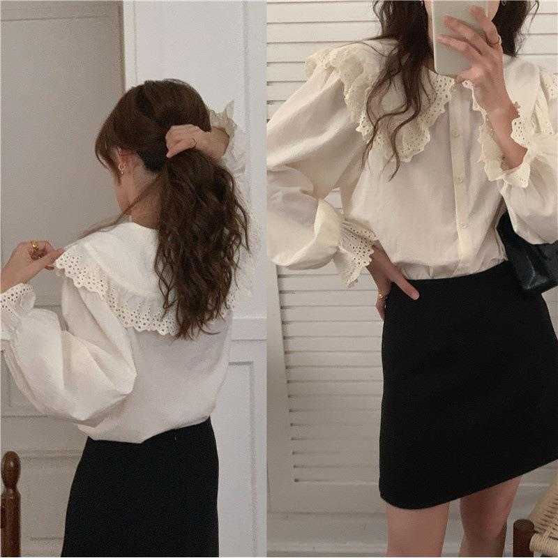 Korean Style Lace Stitching Large Blouses Lapel Hollow Out Flare Sleeve Blouse, Beige2
Korean Style Lace Stitching Large Blouses Lapel Hollow Out Flare Sleeve Blouse, Beige2