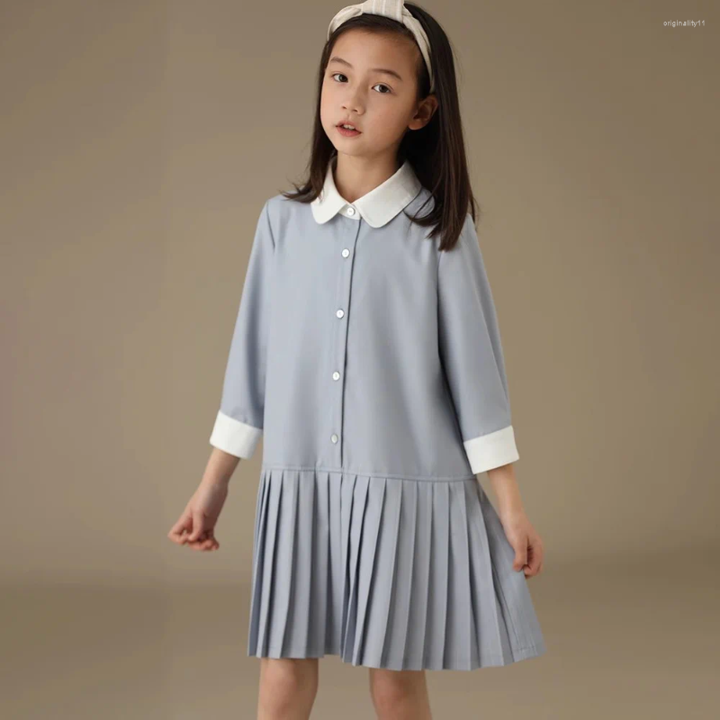 Girl Dresses Girls Mommy And Me Plain Dress School Style Lapel Long Sleeve Single-breasted Straight Pleated Skirt Casual A Line