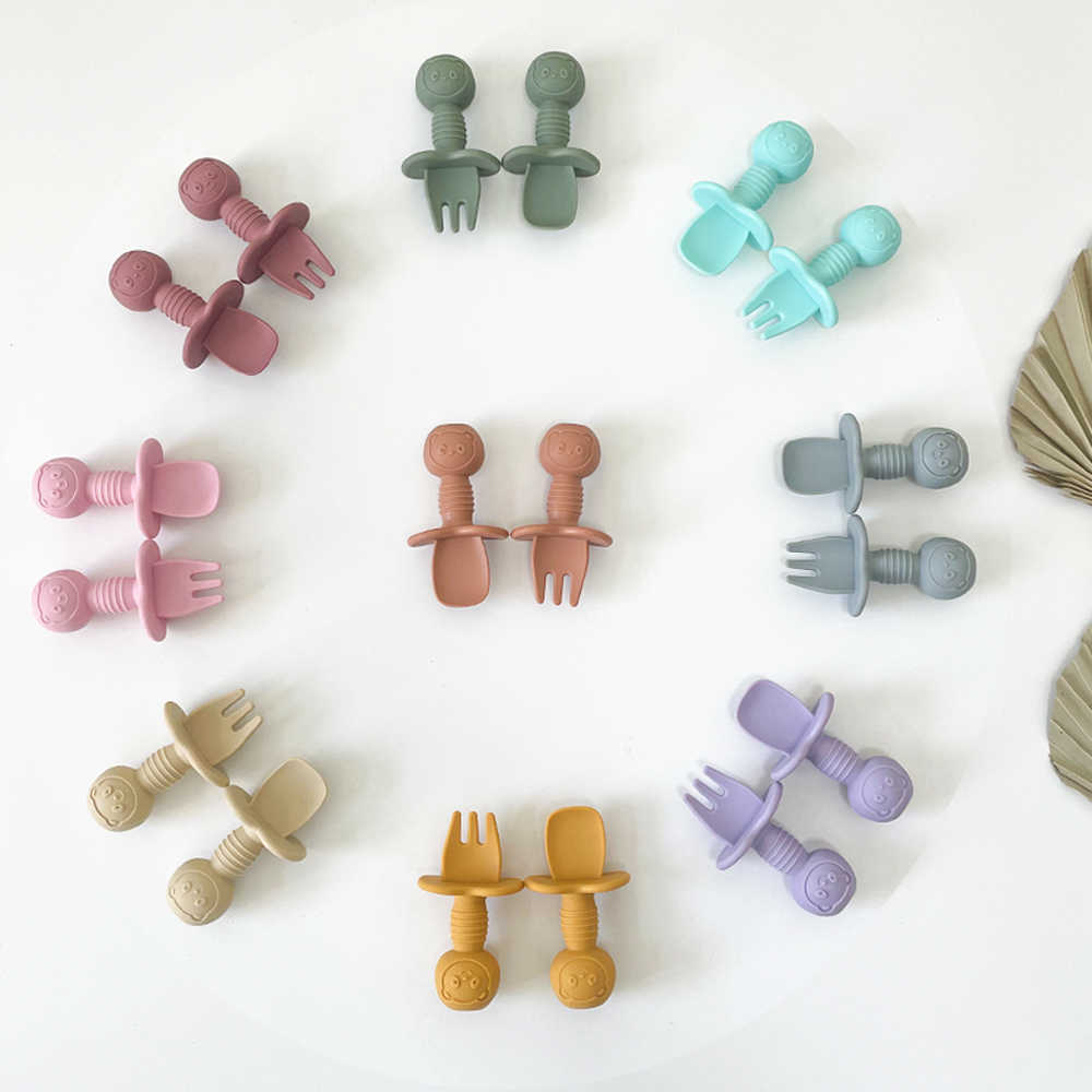 Cups Dishes Utensils Baby Silicone fork spoons baby training predator fork spoon short handle learn molar artifact silicone Baby Children's Table