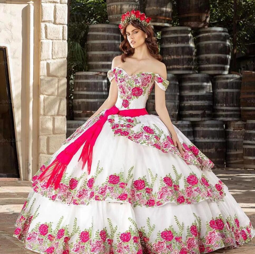 Mexican Girls White Quinceanera Dresses with Floral Embroidery Charro Off Shoulder Lace-up Corset Prom Vestidos De 15 Anos, Black
Mexican Girls White Quinceanera Dresses with Floral Embroidery Charro Off Shoulder Lace-up Corset Prom Vestidos De 15 Anos, Black