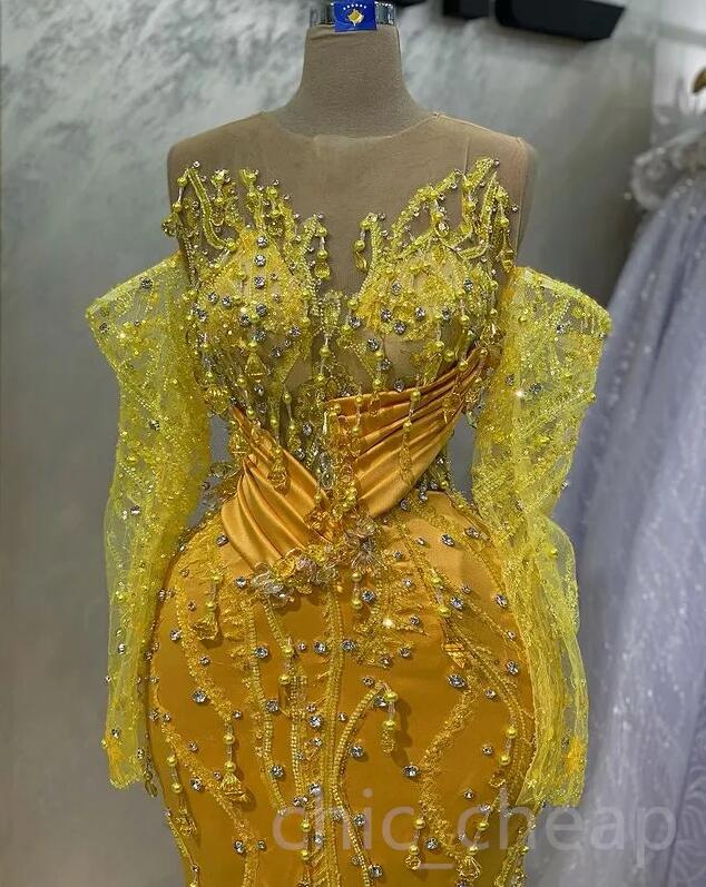 Aso Ebi Yellow Mermaid Evening Dresses sheer neck Long Sleeve Lace Beaded Crystal Prom Occasion Gown Robe De Soiree