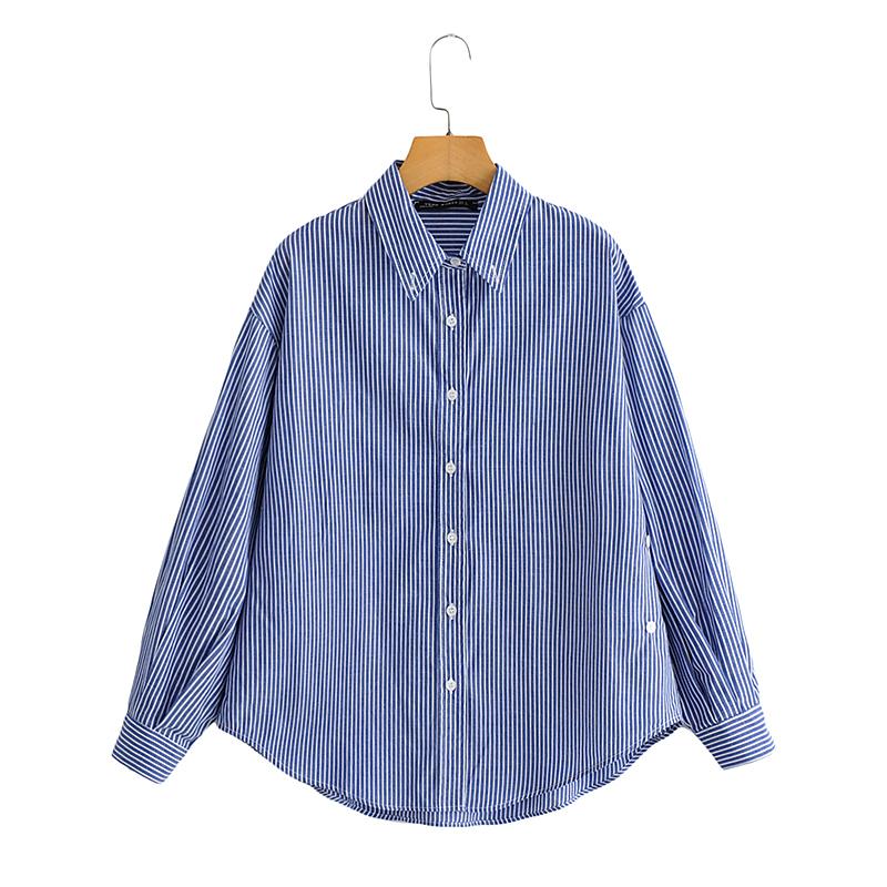 Women's Blouses & Shirts MESTTRAF Women 2023 Fashion Striped Loose Asymmetrical Blouse Retro Long Sleeve Button Shirt, Picture shown