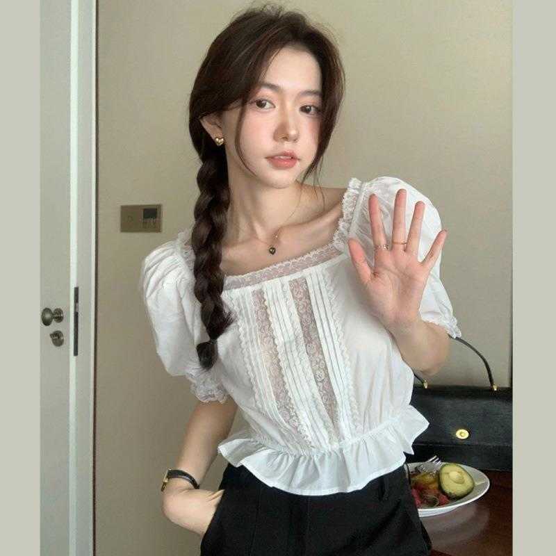 French Lace Stitching Younger Shirt Square Collar Puff Sleeve Short Summer Waist, White2
French Lace Stitching Younger Shirt Square Collar Puff Sleeve Short Summer Waist, White2