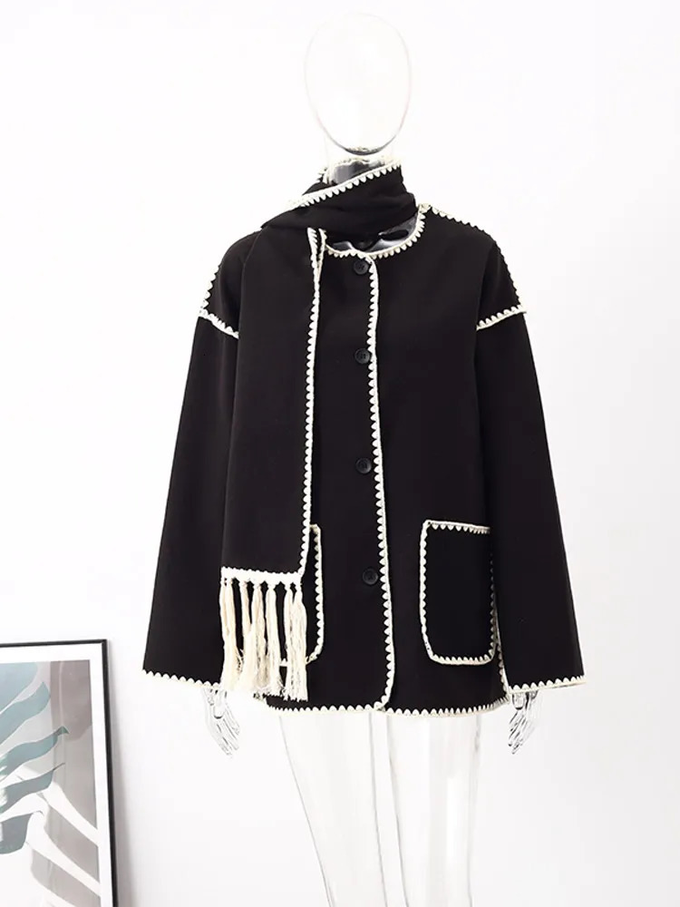 Women's Wool Blends Patchwork Tassel Shawl Collar Women Coat Casual Long Sleeve Pocket Single Breasted Female Jacket Fashion Lady Coats 231114