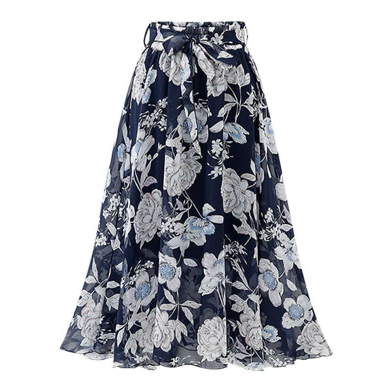 Skirts TFETTERS Summer Floral Skirt High Waist Chiffon Midi Skirt White Pink Blue Color A World Tie Bow Print Skirts Women 230414
