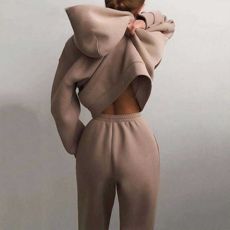 Women's Tracksuit Solid Hooded Sport Suits Autumn Warm Hoodie Casual Long Sleeve Sweatshirts and Trousers Fleece Two Piece Sets