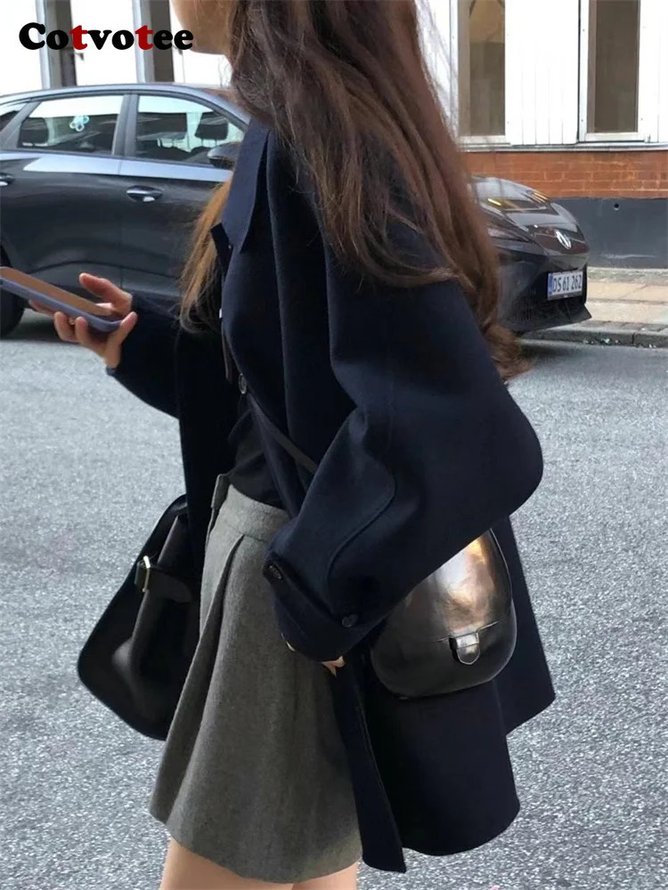 Womens Wool Blends Cotvotee Button Up Coat Women Autumn Winter Fashion Long Sleeve Loose Coats Vintage Turn Down Collar Solid Jackets 231114