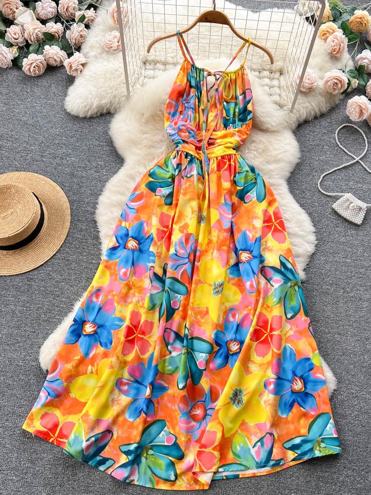 Casual Dresses Women Floral Printed Long Dress Summer Sexy Backless Beach Ladies Slim A-line Boho Vestidos, Picture colour 
Casual Dresses Women Floral Printed Long Dress Summer Sexy Backless Beach Ladies Slim A-line Boho Vestidos, Picture colour