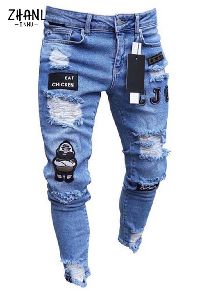 Men's Pants Mens Stretchy Ripped Skinny Embroidered Jeans Men's White Pants Destroyed Hole Slim Fit Denim High Quality Hip Hop Men trousers 