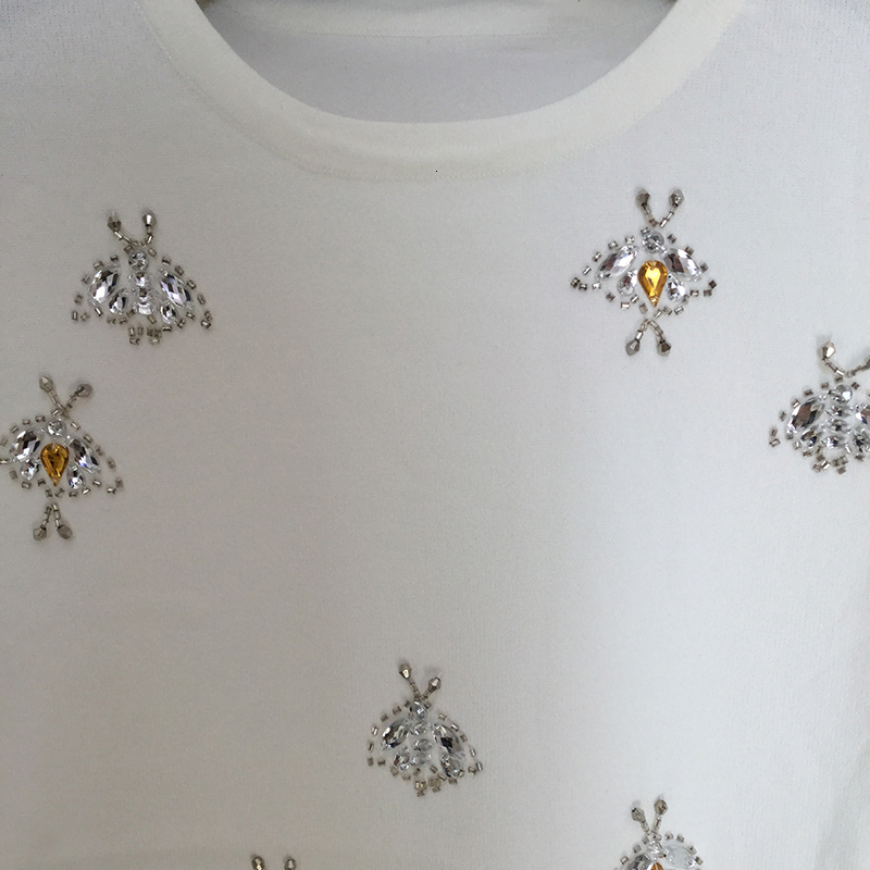 Women's T-Shirt Fashion Beading Diamonds Bee T Shirt O-Neck Short Sleeve Tops Loose Baggy Summer Clothes For Women Clothing Woman Tshirts 230414