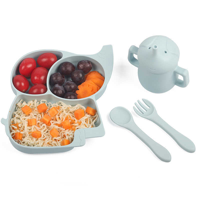 Cups Dishes Utensils 3/7/8PCS Baby Soft Silicone Sucker Bowl Plate Cup Bib Spoon Fork Set Non-slip Cartoon Elephant Children's Feeding Dishes Cut