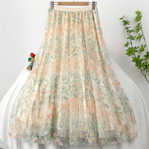 Skirts Vintage Embroidery Tulle Skirt Women Spring Flower Elastic High Waist lace Midi Skirt Korean Style Elegant A-line Mujer Falda 230414