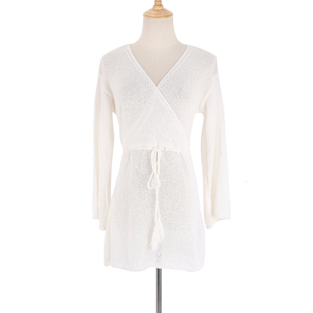 Women's Swimwear Sexy Bikini Cover-ups Beach White Crochet Tunic Knitted Summer Mini Dress Long Sleeves Women Swim Suit Cover Up 230414