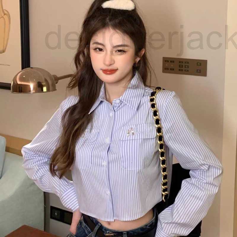 Women' Blouses & Shirts Designer blouse short blue striped long sleeved shirt women summer new casual shirts rhinestone inlaid letters Polo collar small Shirt DI67