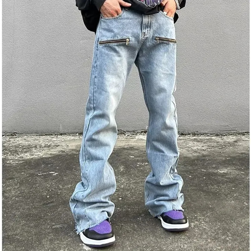 Men s Jeans 2023 Y2K Fashion Zipper Retro Washed Baggy Flare Pants Men Streetwear Hip Hop Wide Leg Straight Denim Trousers Ropa Hombre 231114
