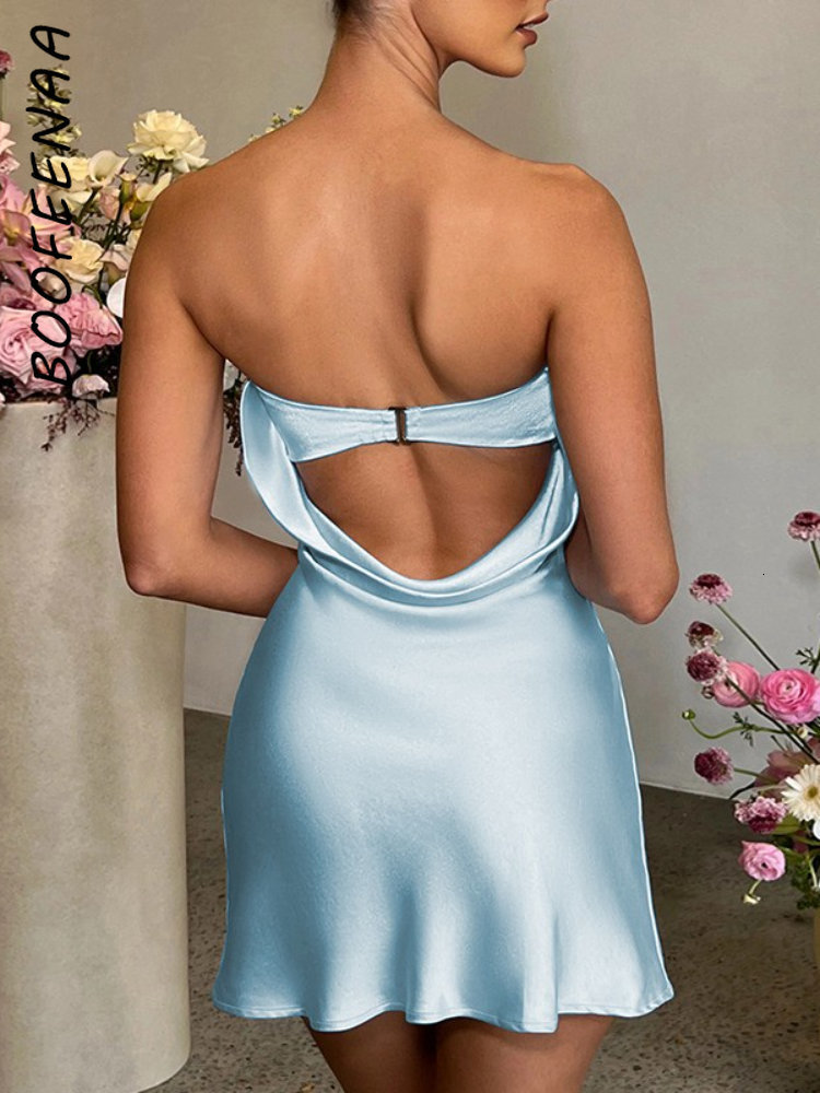 Casual Dresses BOOFEENAA Strapless Backless Mini Satin Flowy Short Party Dress Black Blue Sexy Night Club Outfits for Women C92BI13 230414