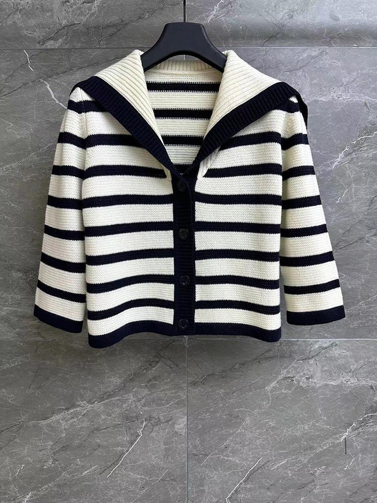 Women's Knits Fashion High Quality Wool Cashmere Striped Knit Cardigan For Women 2023 Sailor Collar Cape Three Quarter Sleeve Sweater Lady, Picture shown
Women's Knits Fashion High Quality Wool Cashmere Striped Knit Cardigan For Women 2023 Sailor Collar Cape Three Quarter Sleeve Sweater Lady, Picture shown