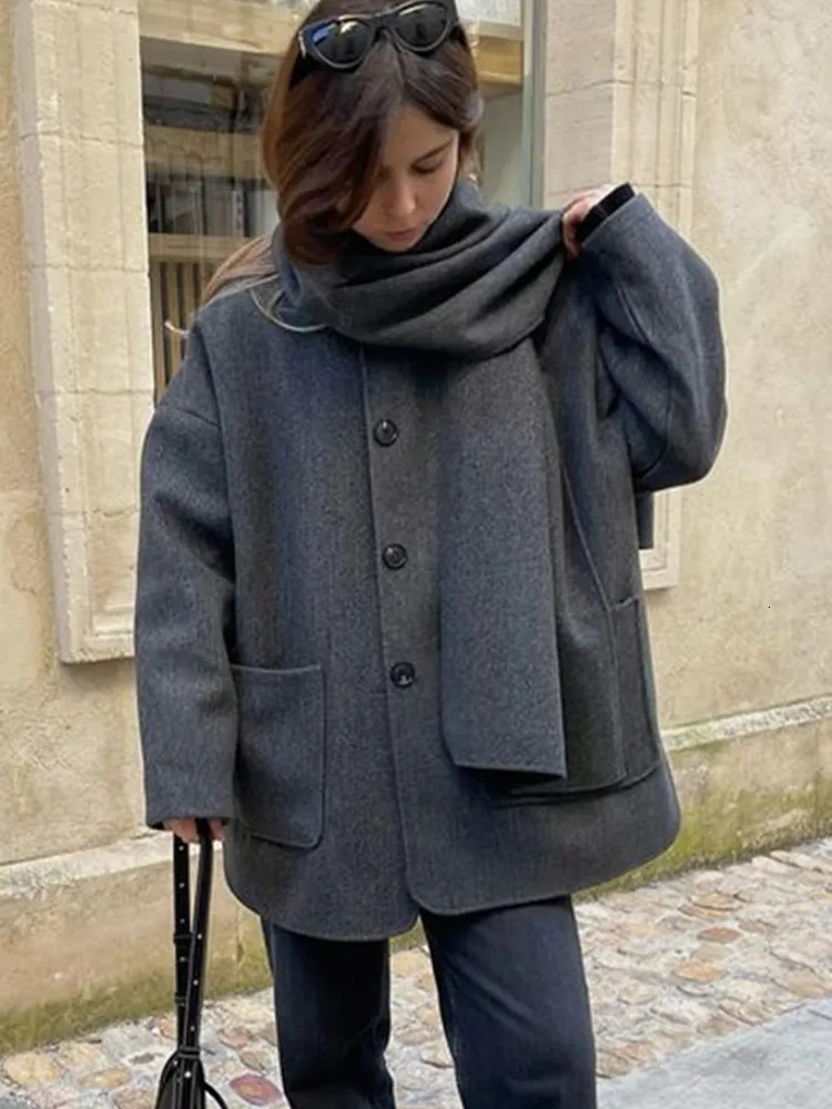 Women's Wool Blends Casual Autumn Jacket Women Scarf Collar Single Breasted Long Sleeve Elegant Lady Coats Winter Fashion Pocket Wool Coat Tops 2