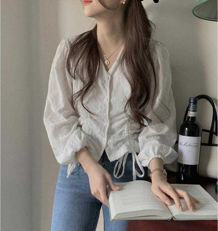 Korean Style French Embroidery Shirt Drawstring Lace V Neck Puff Sleeve Womens, Picture color
Korean Style French Embroidery Shirt Drawstring Lace V Neck Puff Sleeve Womens, Picture color