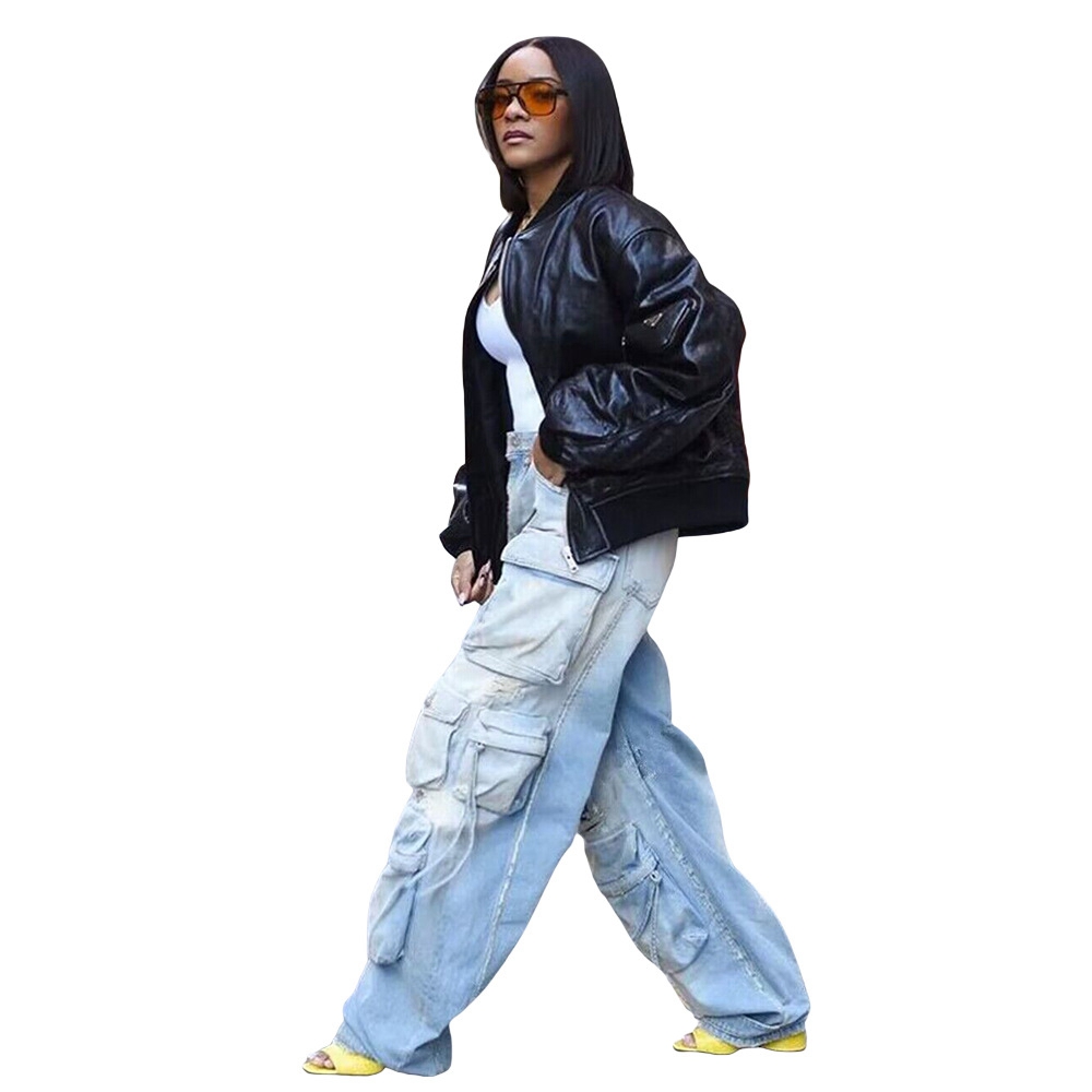 Women's Jeans Cargo Pants Y2K Vintage High Waist Baggy Trousers Multiple Flap Pocket Loose Denim Pants Streetwear