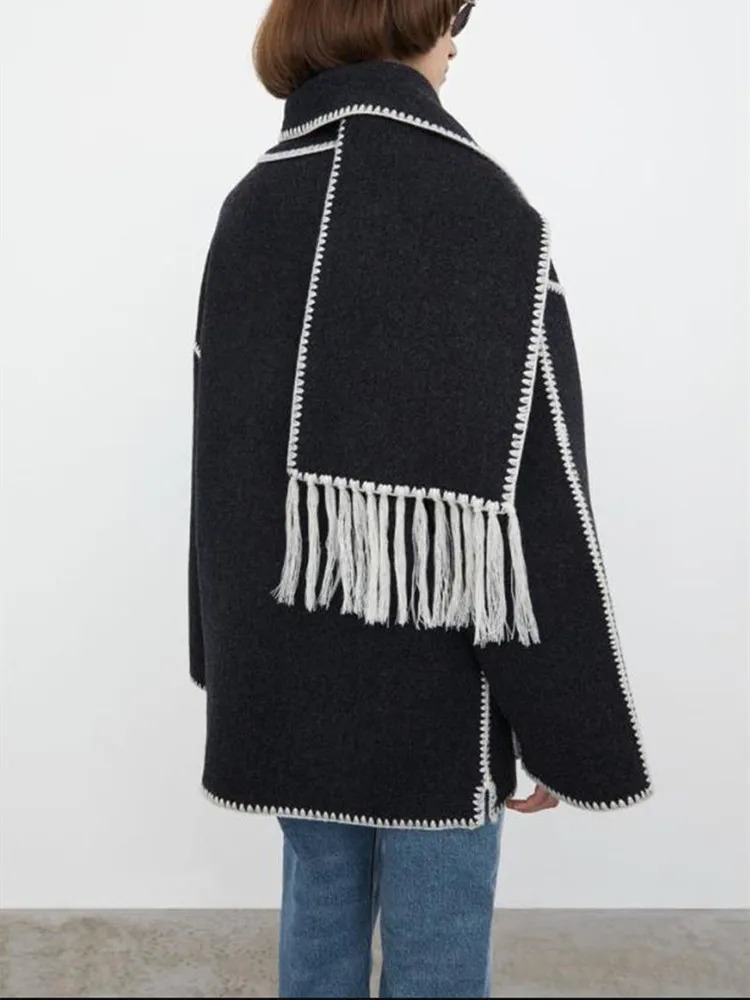 Women's Wool Blends Women Fringe Scarf Collar Coat Double-sided Woolen Single Breasted Autumn Winter Loose Embroidery Trim Female Casual Jacket 2