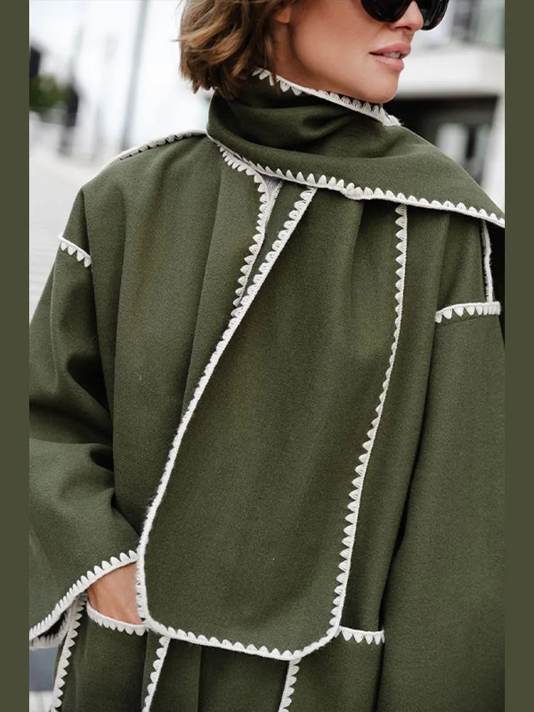 Women's Wool Blends Autumn Elegant Patchwork Coat With Scarf For Women Fashion Lapel Long Sleeve Pocket Coats Winter Lady Outwear Jacket 231114