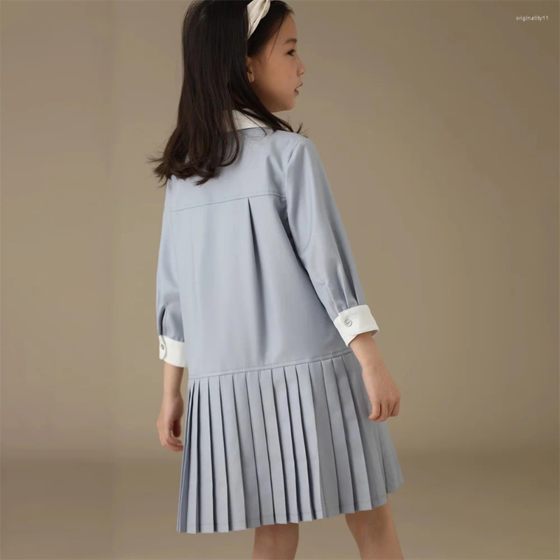 Girl Dresses Girls Mommy And Me Plain Dress School Style Lapel Long Sleeve Single-breasted Straight Pleated Skirt Casual A Line