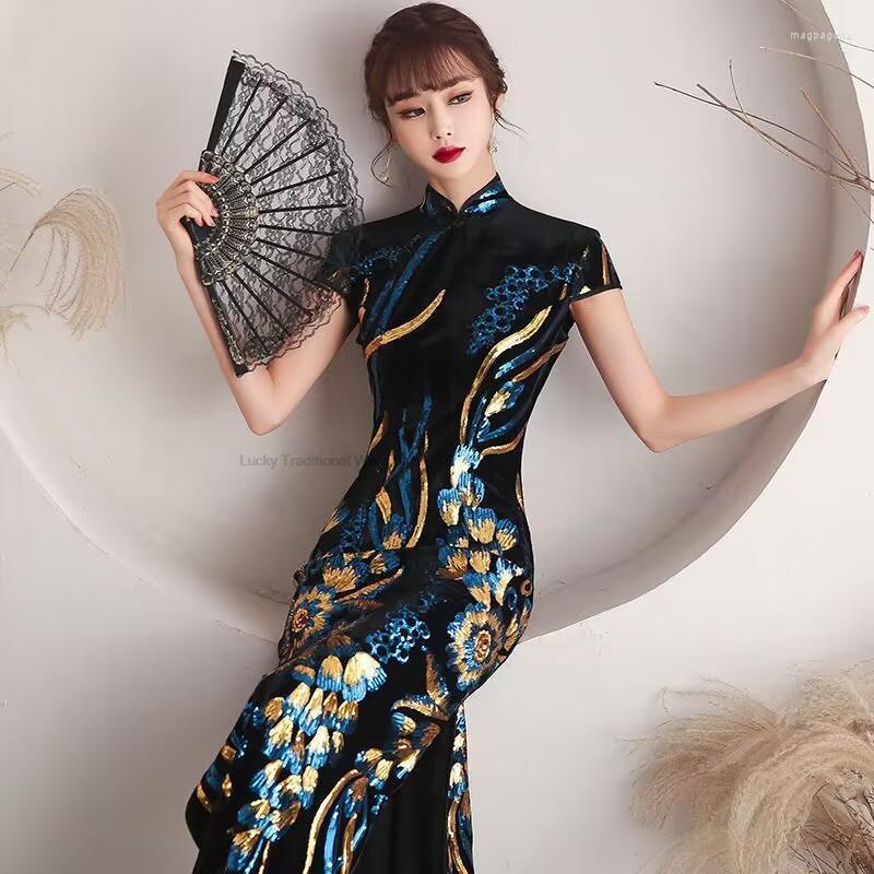 Ethnic Clothing Chinese Dress Velour Sequin Flower Cheongsam Women Slim Velvet Qipao Elegant Evening Party Short Sleeve Vestido
Ethnic Clothing Chinese Dress Velour Sequin Flower Cheongsam Women Slim Velvet Qipao Elegant Evening Party Short Sleeve Vestido