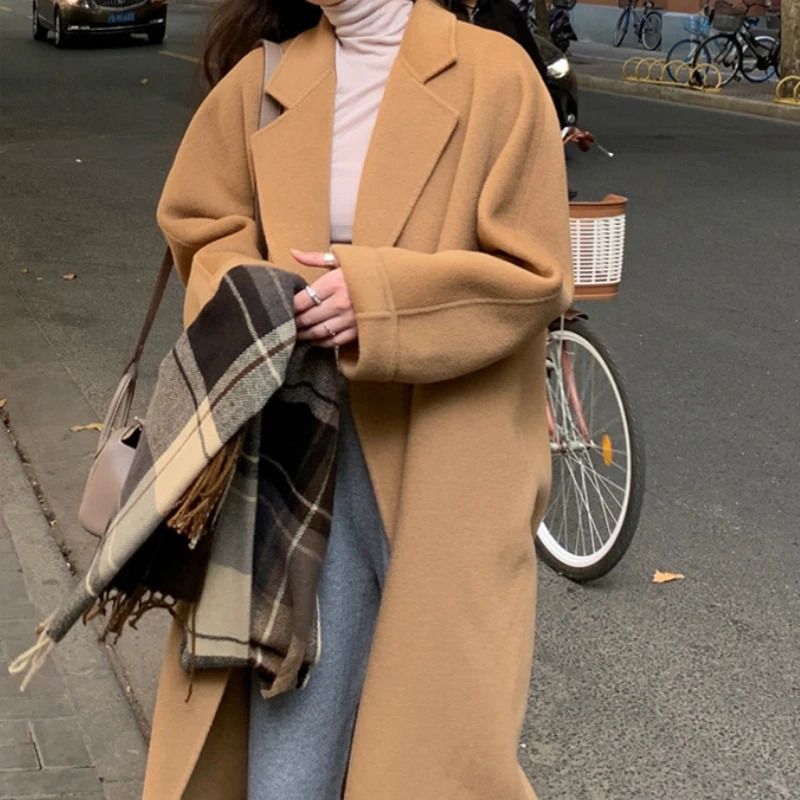 Women's Wool Blends Autumn Winter Double-sided Cashmere Overcoat Elegant Wool Blended Solid Colo Long Coat Fashion Simple Camel Oversized Coat 23