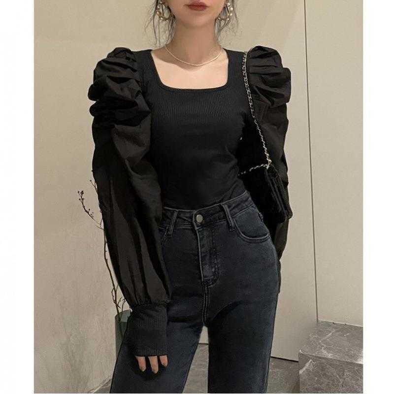 Puff Sleeve Design Square Collar Stitching Shirt Female Korean Chic Spring Slim, Black
Puff Sleeve Design Square Collar Stitching Shirt Female Korean Chic Spring Slim, Black