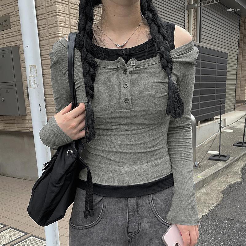 Women' T Shirts Two Pieces T-Shirts Y2k Autumn Long Sleeves Shirt Women Patchwork Cut Shoulder Out Tees Harajuku Crop Top, Gray
Women' T Shirts Two Pieces T-Shirts Y2k Autumn Long Sleeves Shirt Women Patchwork Cut Shoulder Out Tees Harajuku Crop Top, Gray