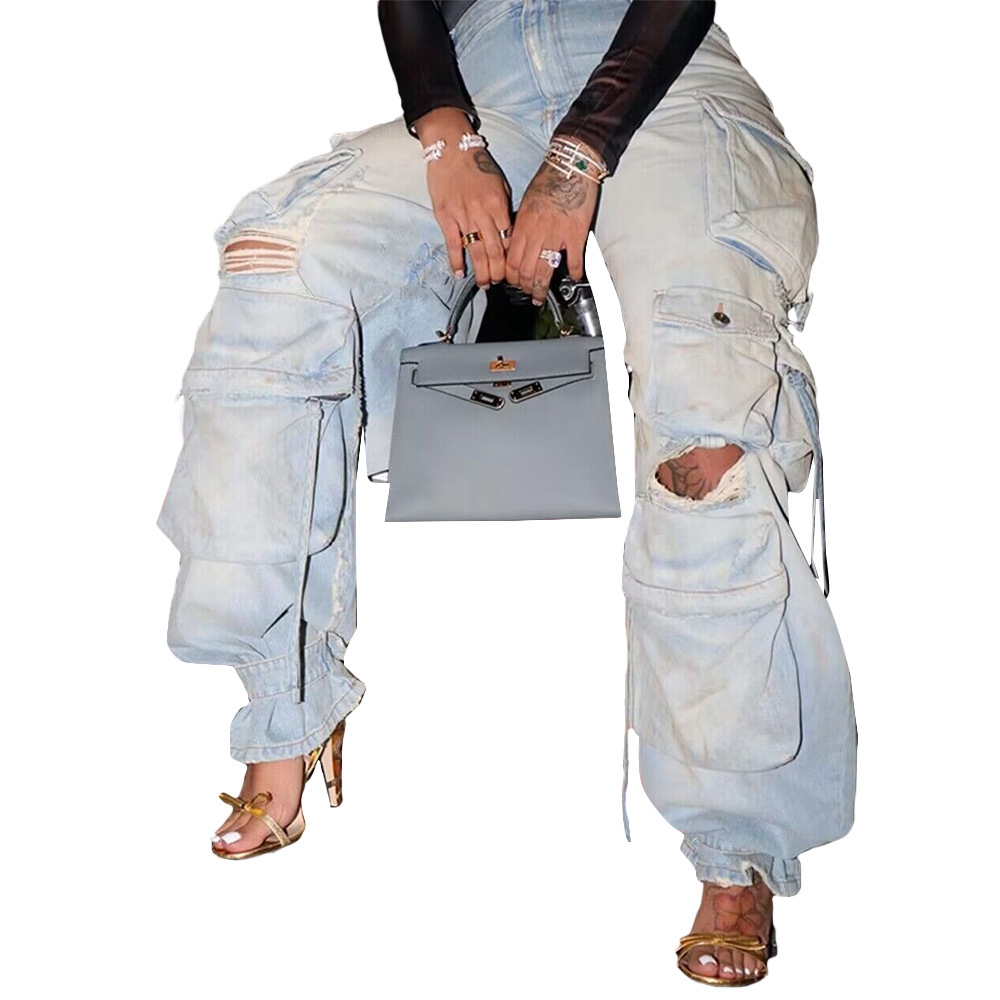 Women's Jeans Cargo Pants Y2K Vintage High Waist Baggy Trousers Multiple Flap Pocket Loose Denim Pants Streetwear