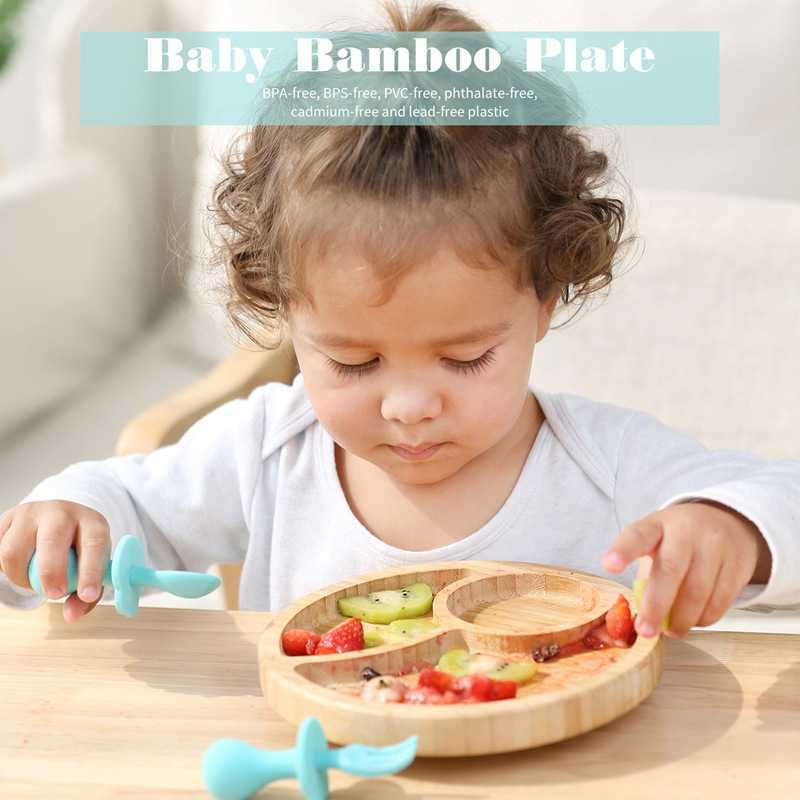 Cups Dishes Utensils Baby Feeding Bowl Baby Dinner Plate Wooden Kids Feeding Dinnerware With Silicone Suction Cup Wooden Fork Spoon Children's Di