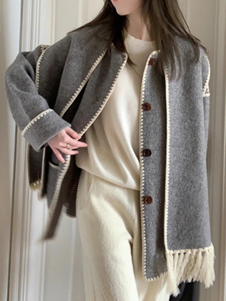 Women's Wool Blends Eshin Autumn Fashion Women's Coats Scarf Collar Loose Single Breasted Tassel Spliced Pockets Jackets Female TH1550 23111