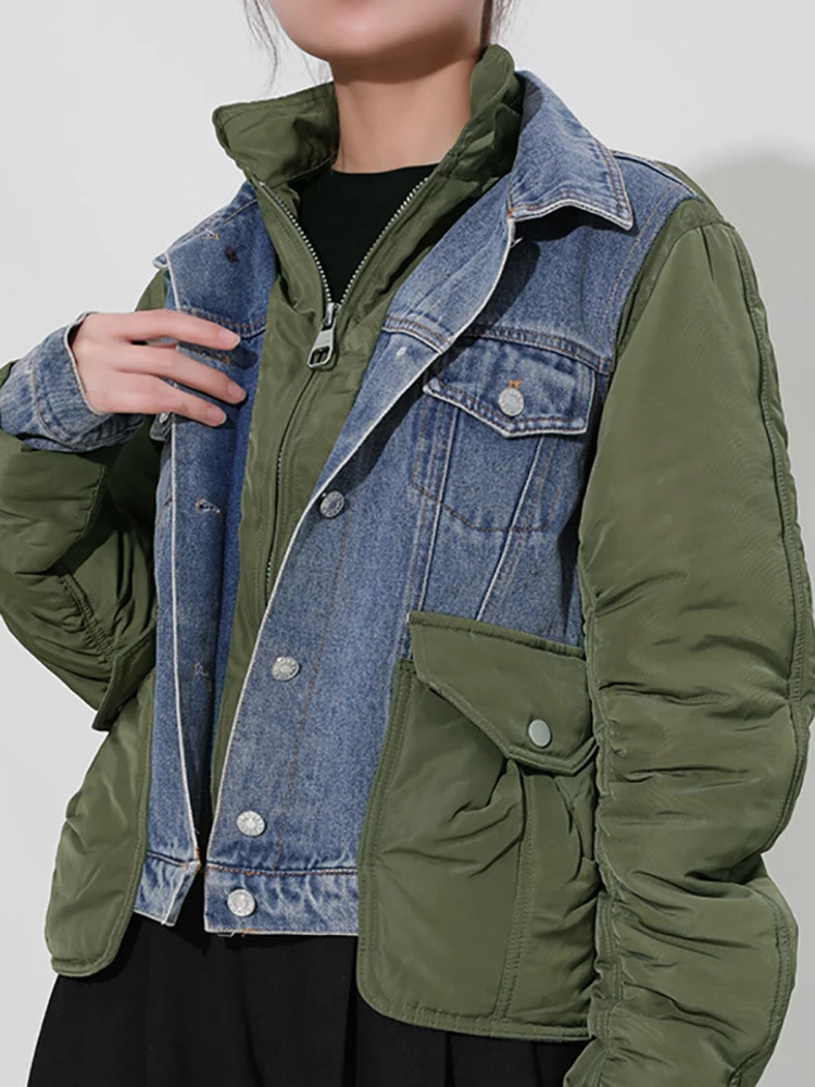 Women's Jackets DEAT Autumn And Winter Fashion Turn-down Collar European Style Loose Patchwork Denim Cotton Woman jackets 7Z249 231114