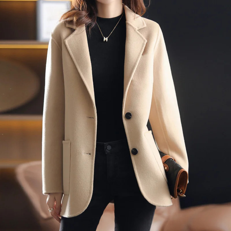 Women's Wool Blends Autumn Winter Woolen Coat Women Suit Jacket Solid Color Single-breasted Pocket Casual Blazers Female Khaki Camel Outerwear 23