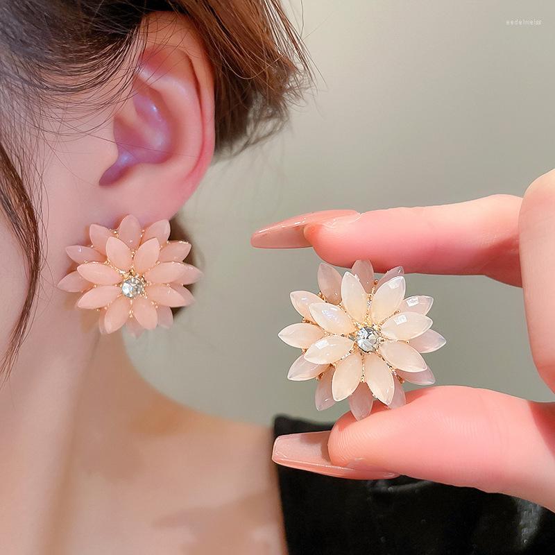 Stud Earrings Crystal Flower For Women Luxury Design Korean Style Sweet Pink Fashion Jewelry