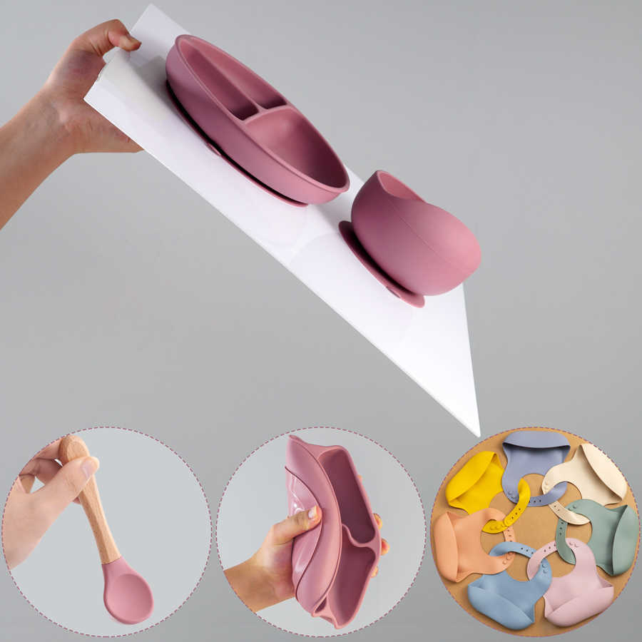 Cups Dishes Utensils 4pcs children's Tableware Set Baby Dishes Plate Bowl With Sucker Waterproof Bib For Newborn Spoon Silicone Feeding Baby Item