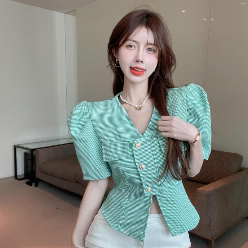 Women's Blouses Plaid Blouse Puff Sleeve Shirt Women's French Design Slim Fit Fragrant Style Short Cardigan Tops, Green blouse
Women's Blouses Plaid Blouse Puff Sleeve Shirt Women's French Design Slim Fit Fragrant Style Short Cardigan Tops, Green blouse