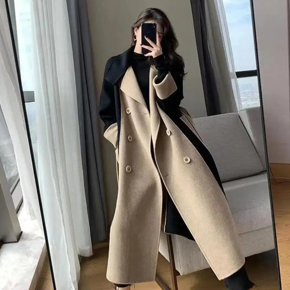 Womens Wool Blends Women Overcoat Color Matching Doublebreasted Winter Coat Mid Length Doublesided Turndown Collar Lady For Dating 231114