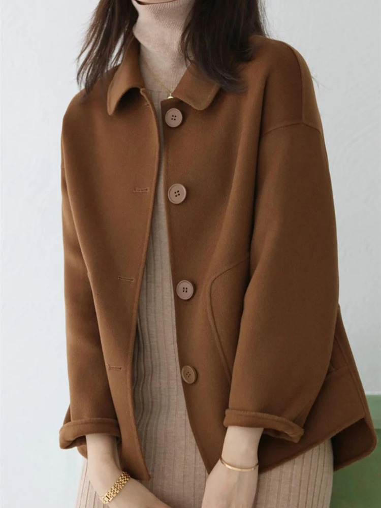 Women's Wool Blends Short Coats for Women Autumn Winter Fashion Woolen Jackets Pockets Solid Color Camel Black Polo Collar Coat Ladies High Quali