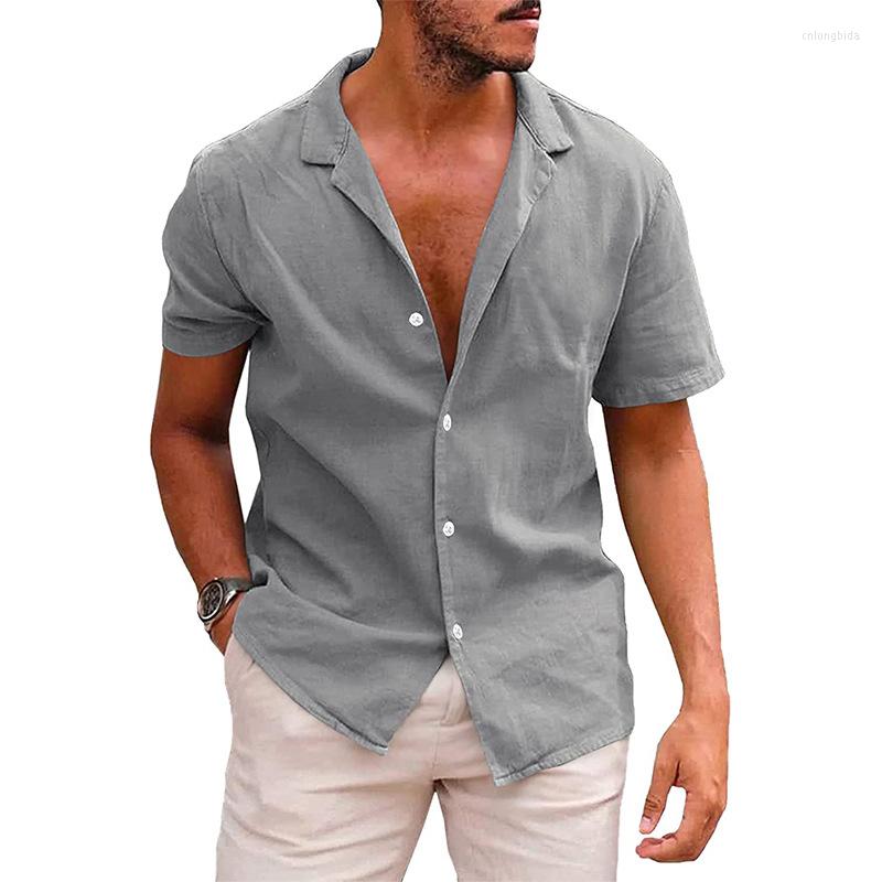 CNLONGBIDA Men's Casual Shirts Summer Beach Wear Men's Solid Color Blouse Cotton Linen Short Sleeve Shirt Loose Cardigan Tops Comfy Breathab
