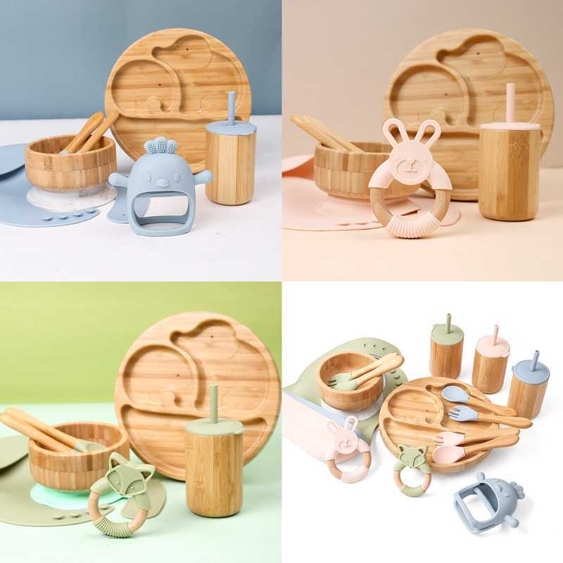Cups Dishes Utensils 7pcs Bamboo Wood Dinner Plate Feeding Supplies Children's Tableware Suction Plate Bowl BPA Free Baby Stuff Newborn Accessori